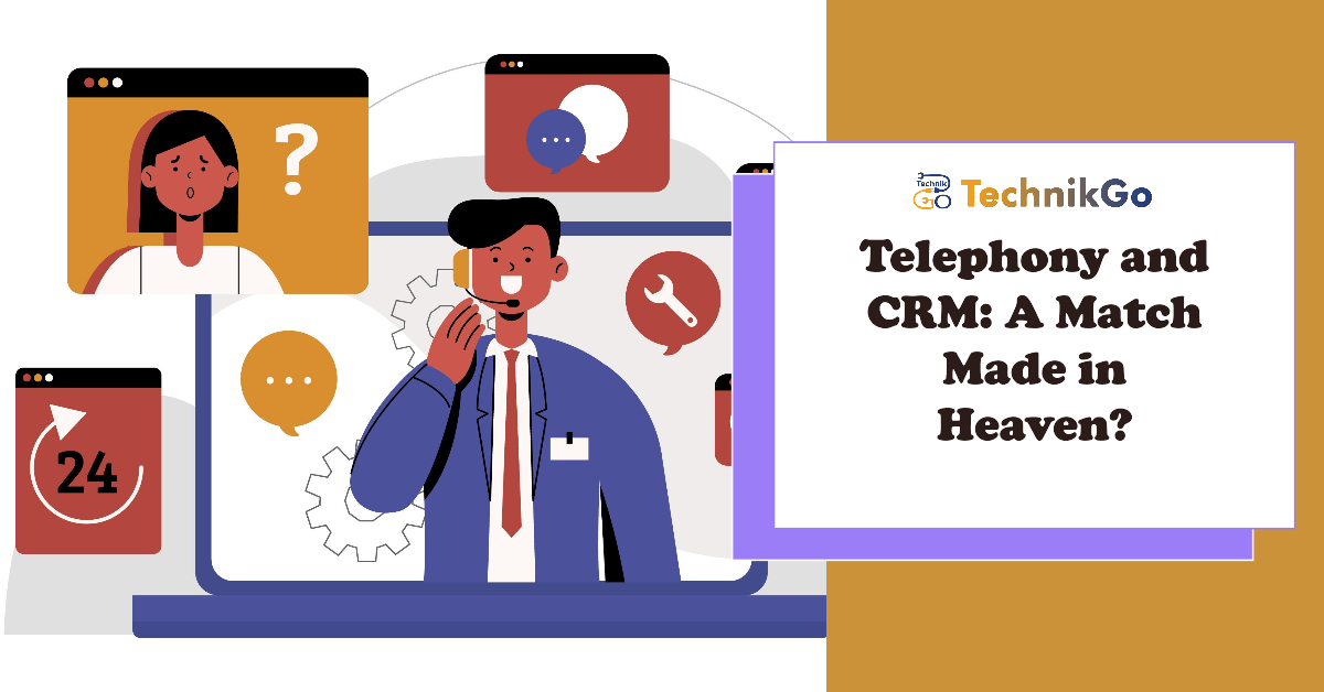 Business person overwhelmed by separate CRM and phone system screens, symbolizing challenges of telephony-CRM integration_technikgo.com