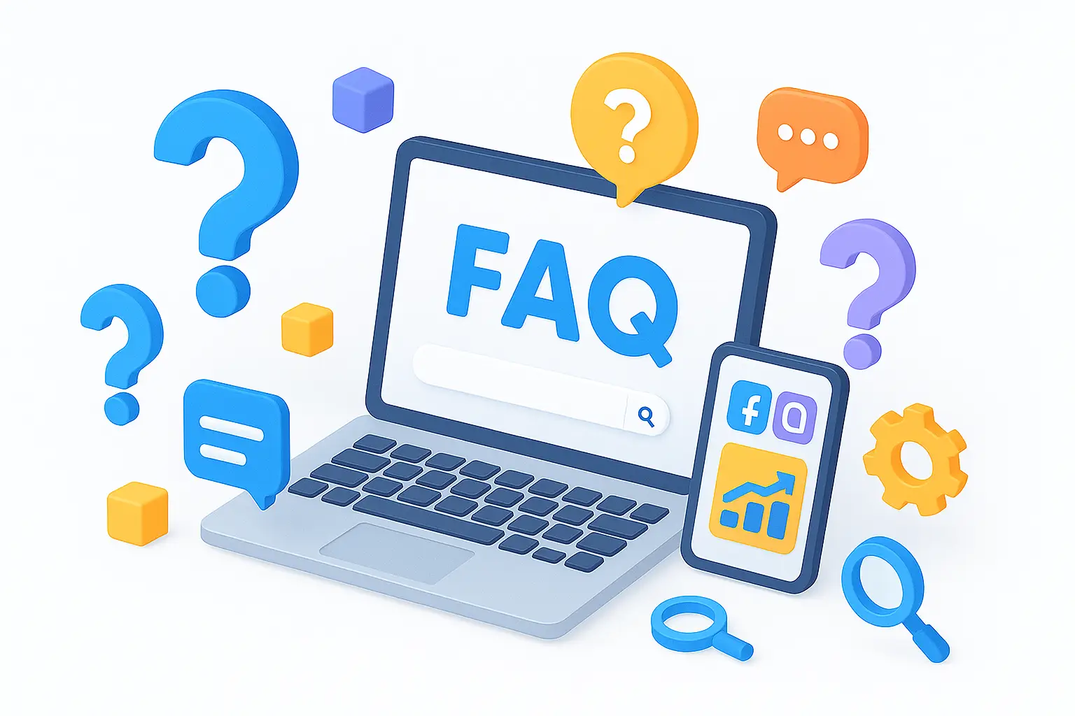 FAQ illustration with laptop showing FAQ search bar, smartphone with social icons and analytics, and floating question marks, chat bubbles, gears, and magnifiers.