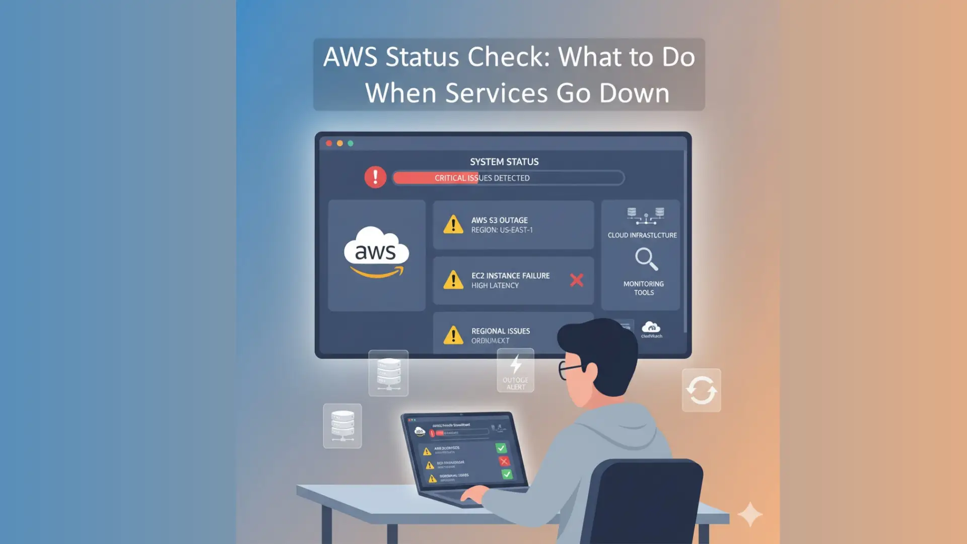 Cloud engineer checking AWS Service Health Dashboard on a laptop during an outage - AWS Status Check process showing alerts, cloud icons, and monitoring graphs for quick response and recovery.