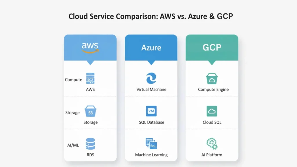Cloud service comparison graphic showing AWS, Azure, and GCP columns with their core services: AWS EC2 compute, S3 storage, and RDS for AI/ML; Azure Virtual Machine, SQL Database, and Machine Learning; GCP Compute Engine, Cloud SQL, and AI Platform.