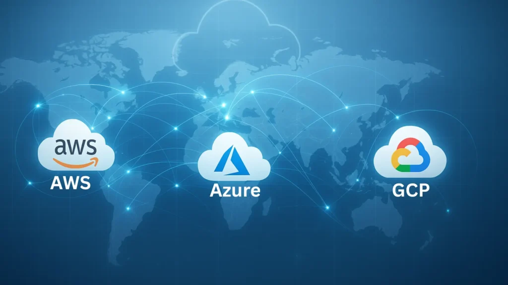 Global map showing interconnected cloud office locations and partner networks of AWS, Azure, and Google Cloud.