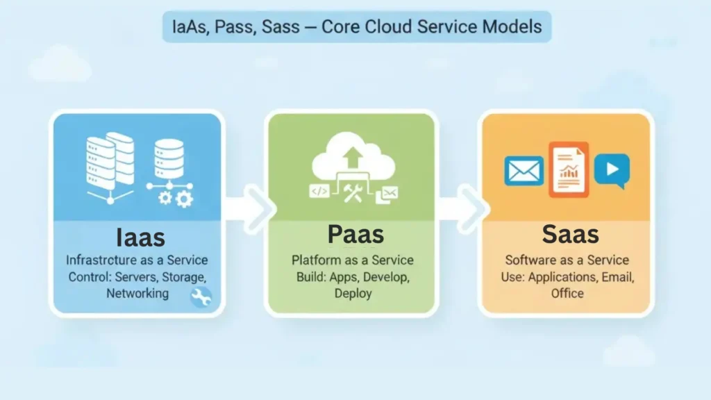 Diagram comparing IaaS, PaaS, and SaaS with three colored panels: IaaS for servers, storage, and networking control; PaaS for building and deploying apps; SaaS for using applications like email and office tools.