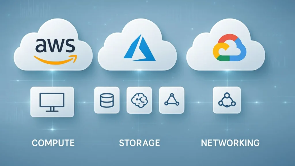 Icons for AWS, Azure, and Google Cloud above compute, storage, and networking symbols on a blue tech background