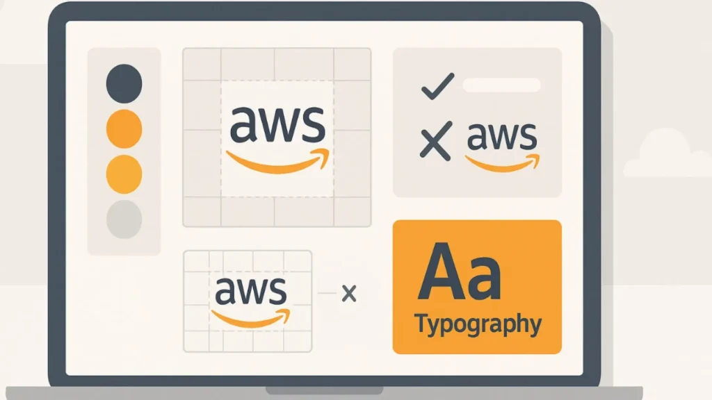 AWS logo branding guide illustration showing correct logo usage, spacing, and color examples on a digital workspace.