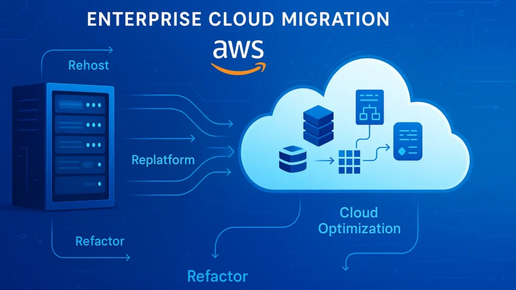 Diagram titled “Enterprise Cloud Migration AWS” showing rehost, replatform, and refactor paths from on‑premises servers into an AWS cloud with databases, applications, and cloud optimization.