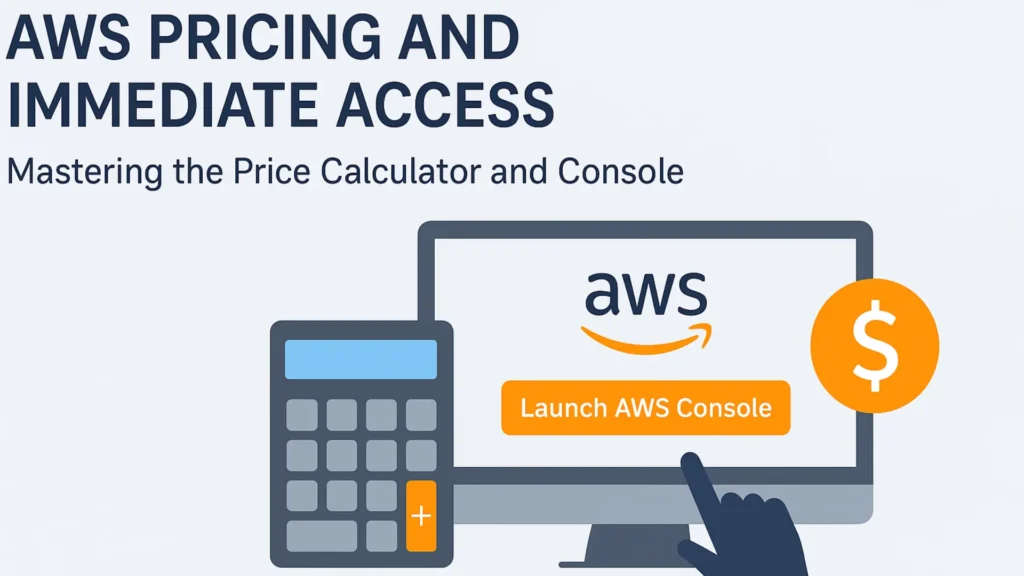Illustration showing AWS Pricing Calculator and Console access with icons for cloud cost estimation, calculator, and dollar sign.