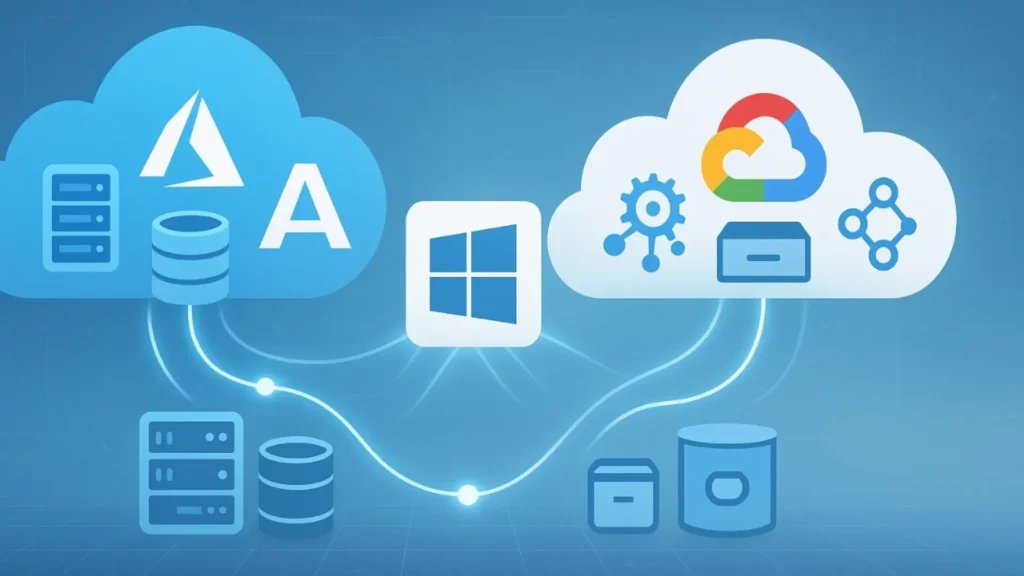 Illustration showing Azure and Google Cloud (GCP) platforms connected by network lines with a Windows Server icon in the center, symbolizing multi-cloud integration and Windows workload migration.
