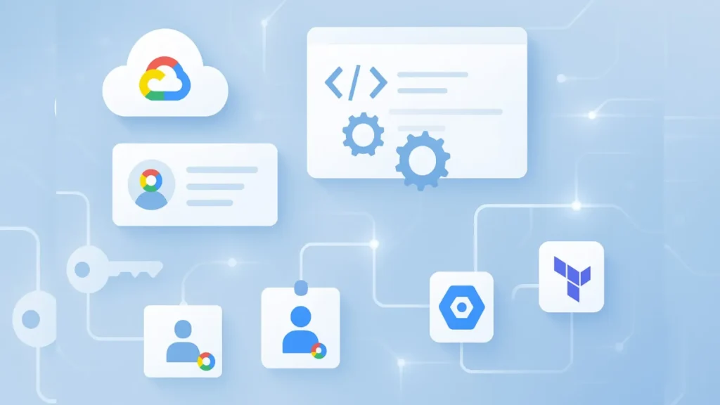 Alt text: Google Cloud IAM and automation concept showing service accounts, keys, code and gear icons, and Terraform and Google Cloud icons connected by lines to illustrate automated access control.​