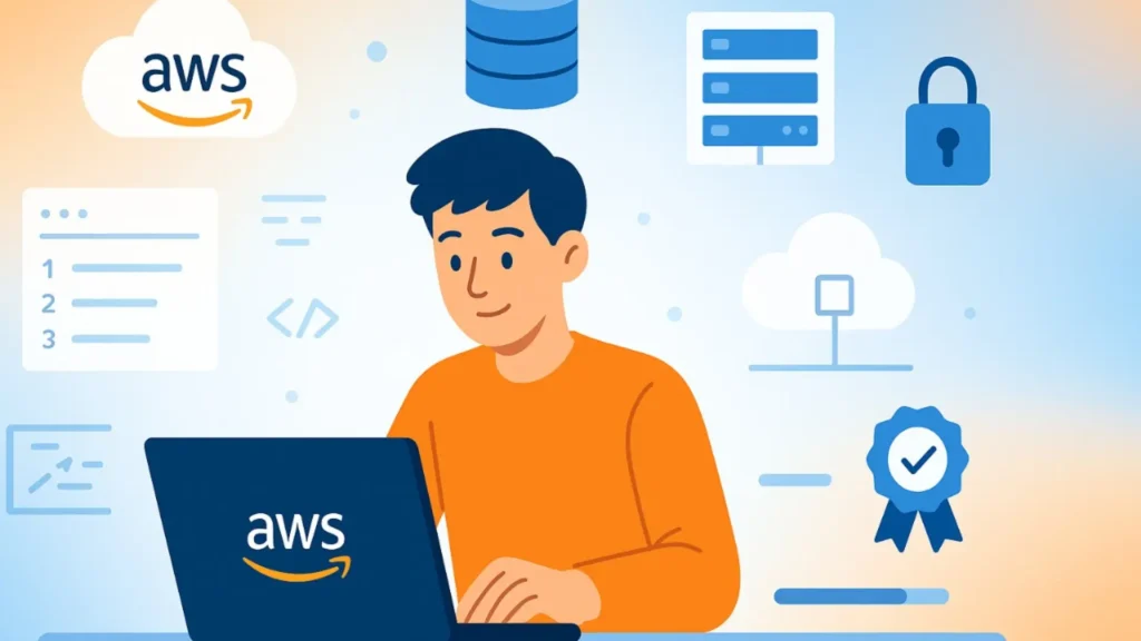 Beginner learning AWS cloud computing through tutorials and hands-on labs, surrounded by cloud, database, and certification icons in a modern digital illustration.