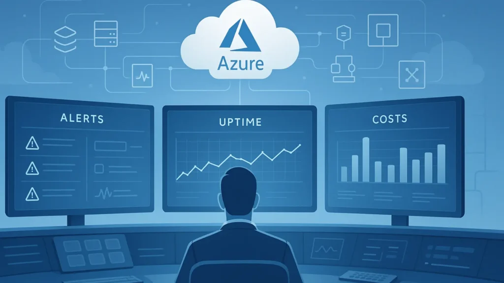 Azure operational monitoring dashboard showing cloud performance, alerts, uptime, and cost visibility in a centralized control room.