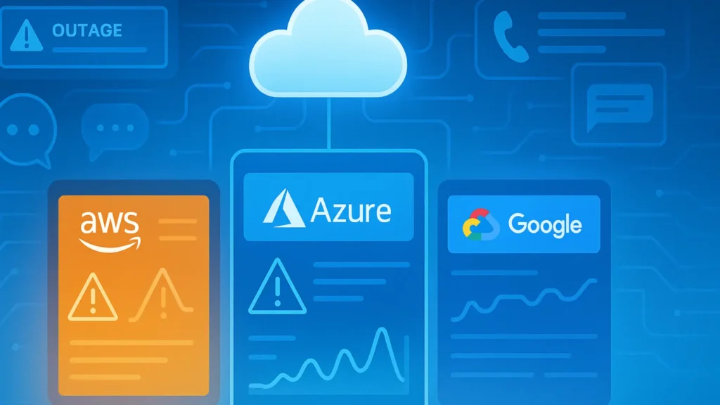 Cloud customer service dashboard showing AWS, Azure, and Google Cloud support panels with urgent alerts, monitoring graphs, and helpdesk elements in a modern tech interface.