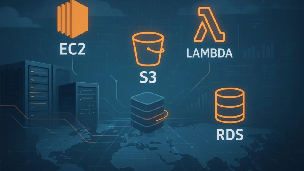 Modern cloud computing illustration showing AWS services like EC2, S3, Lambda, and RDS over a digital world map with data connections.