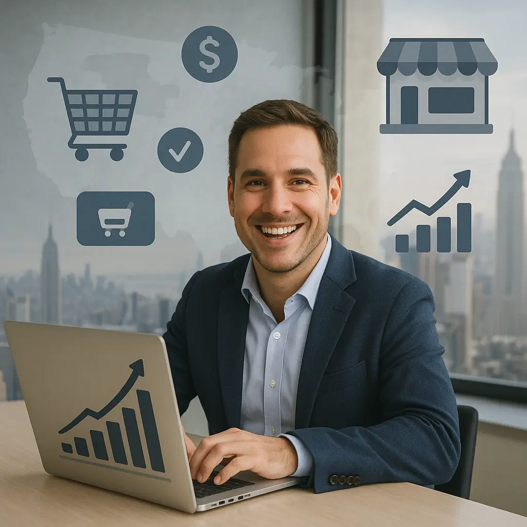 Smiling marketer in a blazer working on a laptop with ecommerce and growth icons around him, symbolizing online store sales and revenue growth.